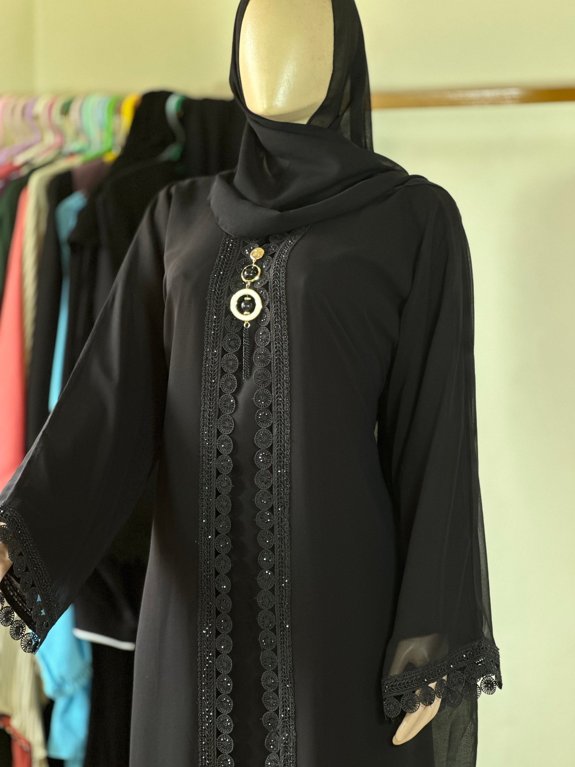 Elegant Black Lace-Trim Abaya