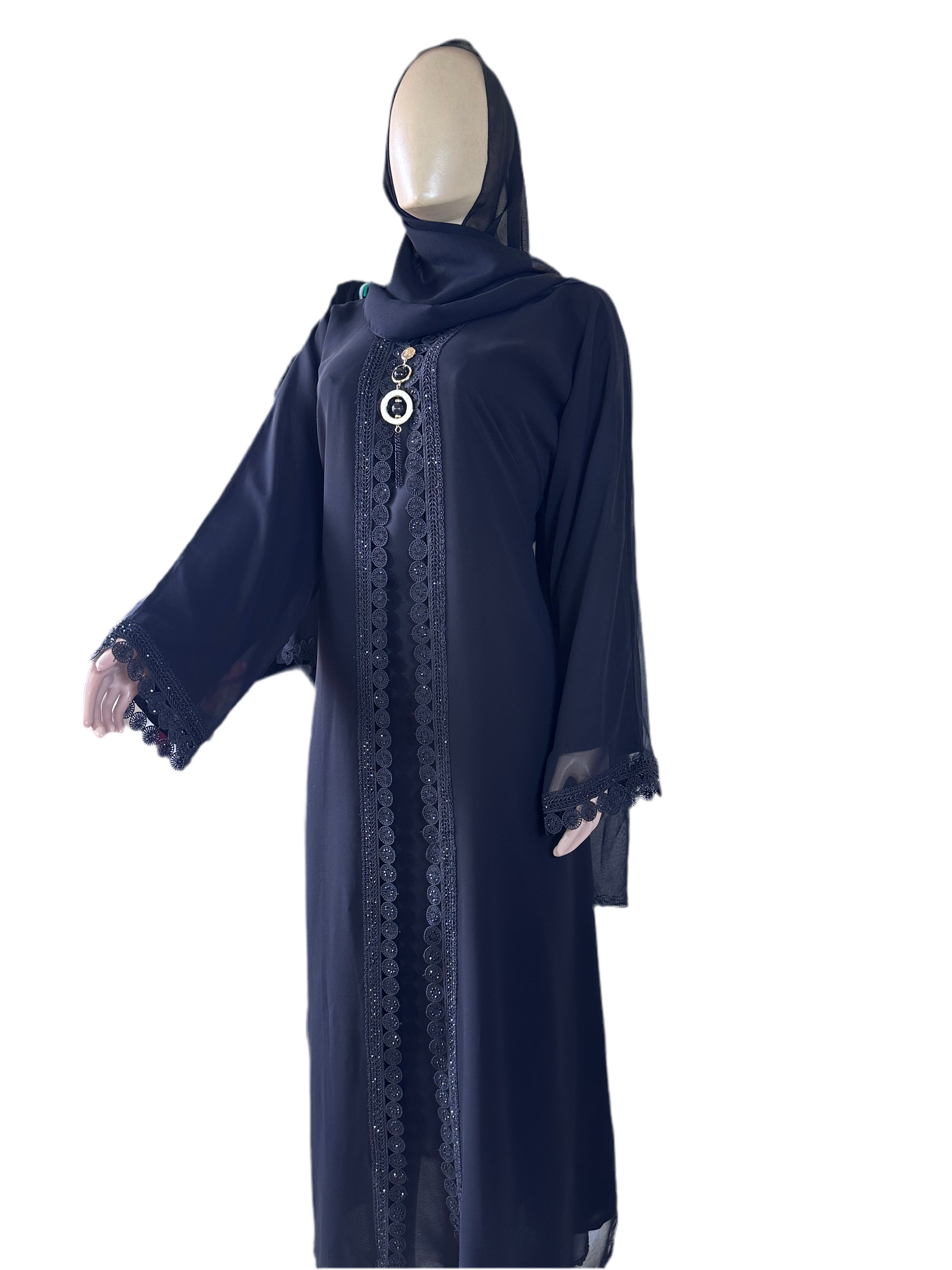 Elegant Black Lace-Trim Abaya
