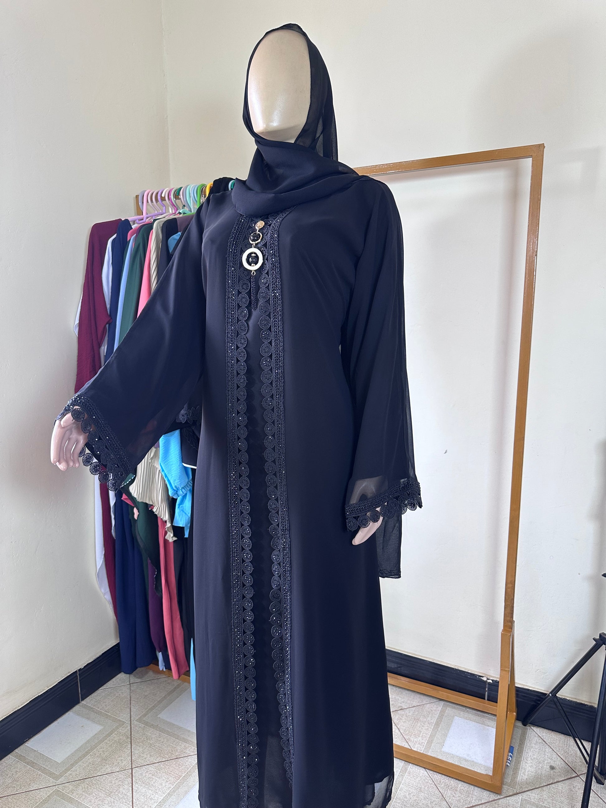 Elegant Black Lace-Trim Abaya