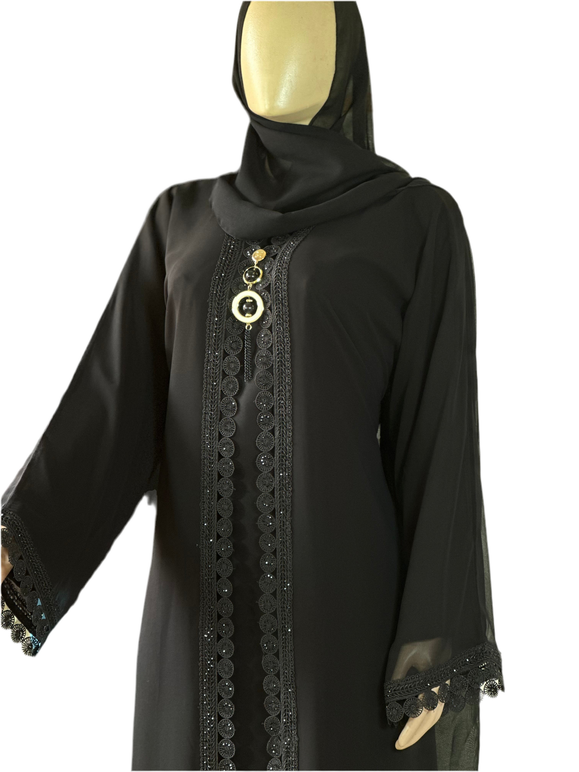 Elegant Black Lace-Trim Abaya
